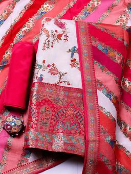 MEENA BAZAAR - Cream Embroidered Art Silk Unstitched Kurta With Unstitched Bottom And Dupatta