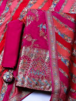 MEENA BAZAAR - Pink Embroidered Art Silk Unstitched Kurta With Unstitched Bottom And Dupatta