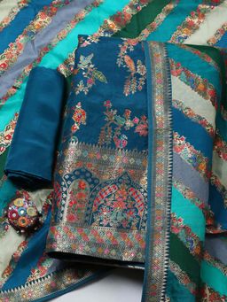 MEENA BAZAAR - Blue Embroidered Art Silk Unstitched Kurta With Unstitched Bottom And Dupatta