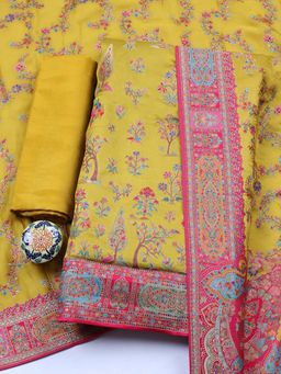 MEENA BAZAAR - Mustard Printed Satin Unstitched Kurta With Unstitched Bottom And Dupatta