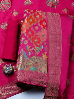 MEENA BAZAAR - Pink Printed Satin Unstitched Kurta With Unstitched Bottom And Dupatta