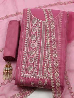 MEENA BAZAAR - Pink Embroidered Organza Unstitched Kurta With Unstitched Bottom And Dupatta