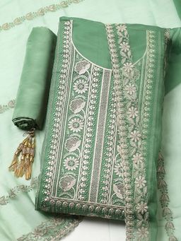 MEENA BAZAAR - Green Embroidered Organza Unstitched Kurta With Unstitched Bottom And Dupatta