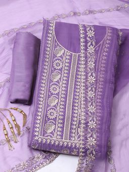 MEENA BAZAAR - Purple Embroidered Organza Unstitched Kurta With Unstitched Bottom And Dupatta