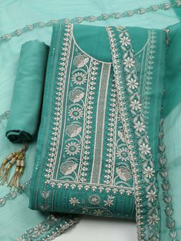 MEENA BAZAAR - Green Embroidered Organza Unstitched Kurta With Unstitched Bottom And Dupatta