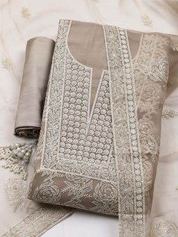 MEENA BAZAAR - Grey Embroidered Organza Unstitched Kurta With Unstitched Bottom And Dupatta