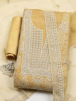 MEENA BAZAAR - Mustard Embroidered Organza Unstitched Kurta With Unstitched Bottom And Dupatta