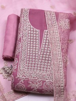 MEENA BAZAAR - Pink Embroidered Organza Unstitched Kurta With Unstitched Bottom And Dupatta