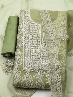 MEENA BAZAAR - Green Embroidered Organza Unstitched Kurta With Unstitched Bottom And Dupatta