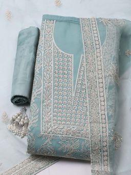 MEENA BAZAAR - Green Embroidered Organza Unstitched Kurta With Unstitched Bottom And Dupatta