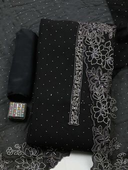MEENA BAZAAR - Black Embroidered Art Silk Unstitched Kurta With Unstitched Bottom And Dupatta