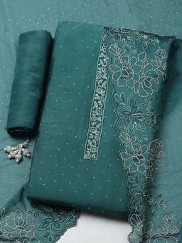 MEENA BAZAAR - Green Embroidered Art Silk Unstitched Kurta With Unstitched Bottom And Dupatta