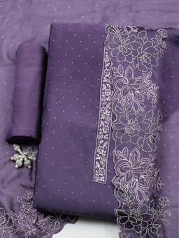 MEENA BAZAAR - Lavender Embroidered Art Silk Unstitched Kurta With Unstitched Bottom And Dupatta