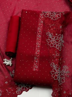 MEENA BAZAAR - Maroon Embroidered Art Silk Unstitched Kurta With Unstitched Bottom And Dupatta