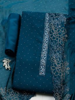 MEENA BAZAAR - Blue Embroidered Art Silk Unstitched Kurta With Unstitched Bottom And Dupatta