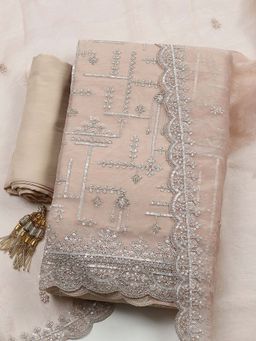 MEENA BAZAAR - Peach Embroidered Organza Unstitched Kurta With Unstitched Bottom And Dupatta