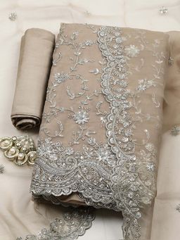 MEENA BAZAAR - Grey Embroidered Organza Unstitched Kurta With Unstitched Bottom And Dupatta