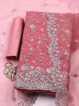 MEENA BAZAAR - Pink Embroidered Organza Unstitched Kurta With Unstitched Bottom And Dupatta