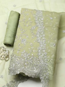 MEENA BAZAAR - Green Embroidered Organza Unstitched Kurta With Unstitched Bottom And Dupatta