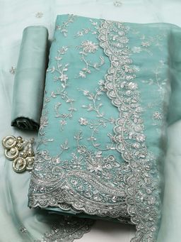 MEENA BAZAAR - Green Embroidered Organza Unstitched Kurta With Unstitched Bottom And Dupatta