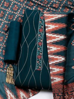 MEENA BAZAAR - Teal Embellished Georgette Unstitched Kurta With Unstitched Bottom And Dupatta