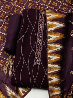 MEENA BAZAAR - Wine Embroidered Georgette Unstitched Kurta With Unstitched Bottom And Dupatta