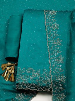 MEENA BAZAAR - Green Embroidered Chiffon Unstitched Kurta With Unstitched Bottom And Dupatta