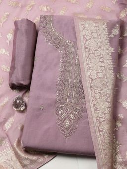 MEENA BAZAAR - Mauve Embroidered Chanderi Unstitched Kurta With Unstitched Bottom And Dupatta