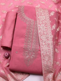 MEENA BAZAAR - Pink Embroidered Chanderi Unstitched Kurta With Unstitched Bottom And Dupatta