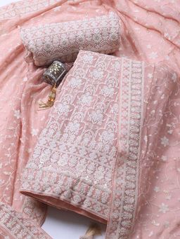 MEENA BAZAAR - Peach Embroidered Georgette Unstitched Kurta With Unstitched Bottom And Dupatta