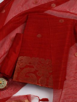 MEENA BAZAAR - Red Textured Chanderi Unstitched Kurta With Unstitched Bottom And Dupatta
