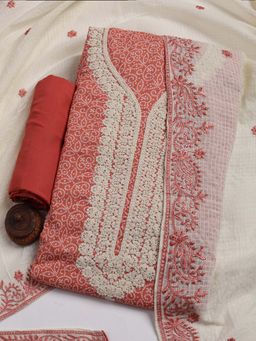 MEENA BAZAAR - Peach Embroidered Cotton Unstitched Kurta With Unstitched Bottom And Dupatta
