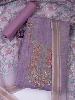MEENA BAZAAR - Lavender Embroidered Cotton Unstitched Kurta With Unstitched Bottom And Dupatta