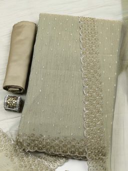 MEENA BAZAAR - Green Embroidered Art Silk Unstitched Kurta With Unstitched Bottom And Dupatta