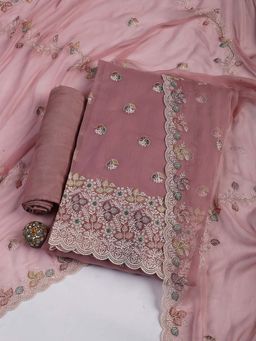MEENA BAZAAR - Pink Embroidered Chinon Unstitched Kurta With Unstitched Bottom And Dupatta