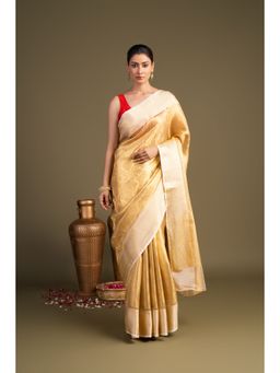 Zal from Benaras - Golden Pure Katan Tissue Silk Banarasi Handloom Saree without Blouse Piece