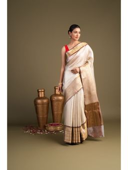 Zal from Benaras - Brown Cream Pure Katan Zari Brocade Banarasi Handloom Saree without Blouse Piece