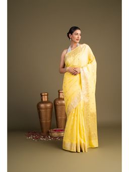 Zal from Benaras - Lemon Yellow Pure Monga Silk Banarasi Handloom Saree without Blouse Piece