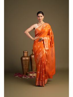 Zal from Benaras - Orange Pure Monga Silk Banarasi Handloom Saree without Blouse Piece