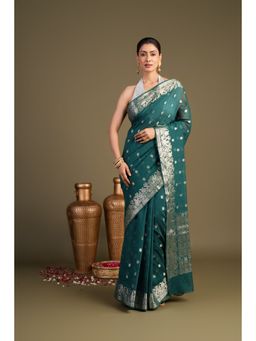 Zal from Benaras - Teal Pure Monga Silk Banarasi Handloom Saree without Blouse Piece