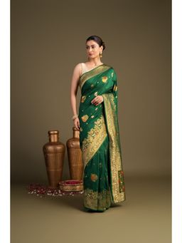 Zal from Benaras - Bottle Green Pure Silk Banarasi Handloom Saree without Blouse Piece