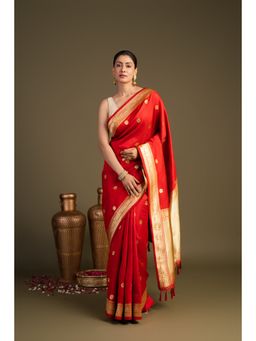 Zal from Benaras - Red Chand Taare Pure Silk Banarasi Handloom Saree without Blouse Piece