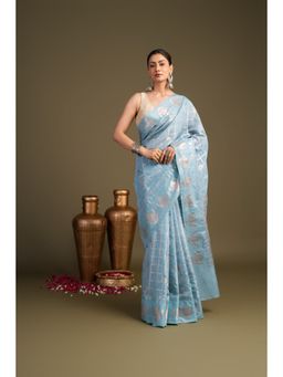 Zal from Benaras - Sky Blue Pure Silk Banarasi Handloom Saree without Blouse Piece