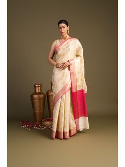 Zal from Benaras - Off White Pure Silk Zari Banarasi Handloom Saree without Blouse Piece