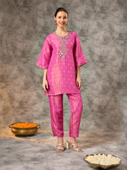 Silver Lime - Women Pink Viscose Blend Round Neck Co-Ord Set