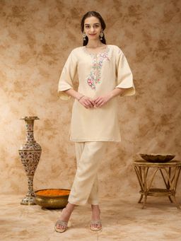 Silver Lime - Women Off White Viscose Round Neck Top with Pant Co-Ord Set
