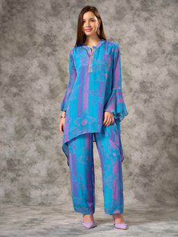 Silver Lime - Women Blue Viscose Mandarin Neck Top with Pant Co-Ord Set