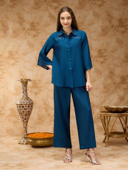 Silver Lime - Women Blue Viscose Blend Collar Neck Top with Pant Co-Ord Set