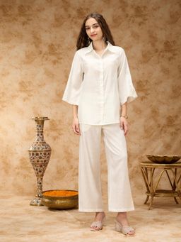 Silver Lime - Women White Viscose Blend Collar Neck Top with Pant Co-Ord Set