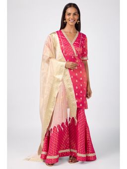 Silver Lime - Women Pink Viscose V-Neck Kurta with Sharara and Dupatta